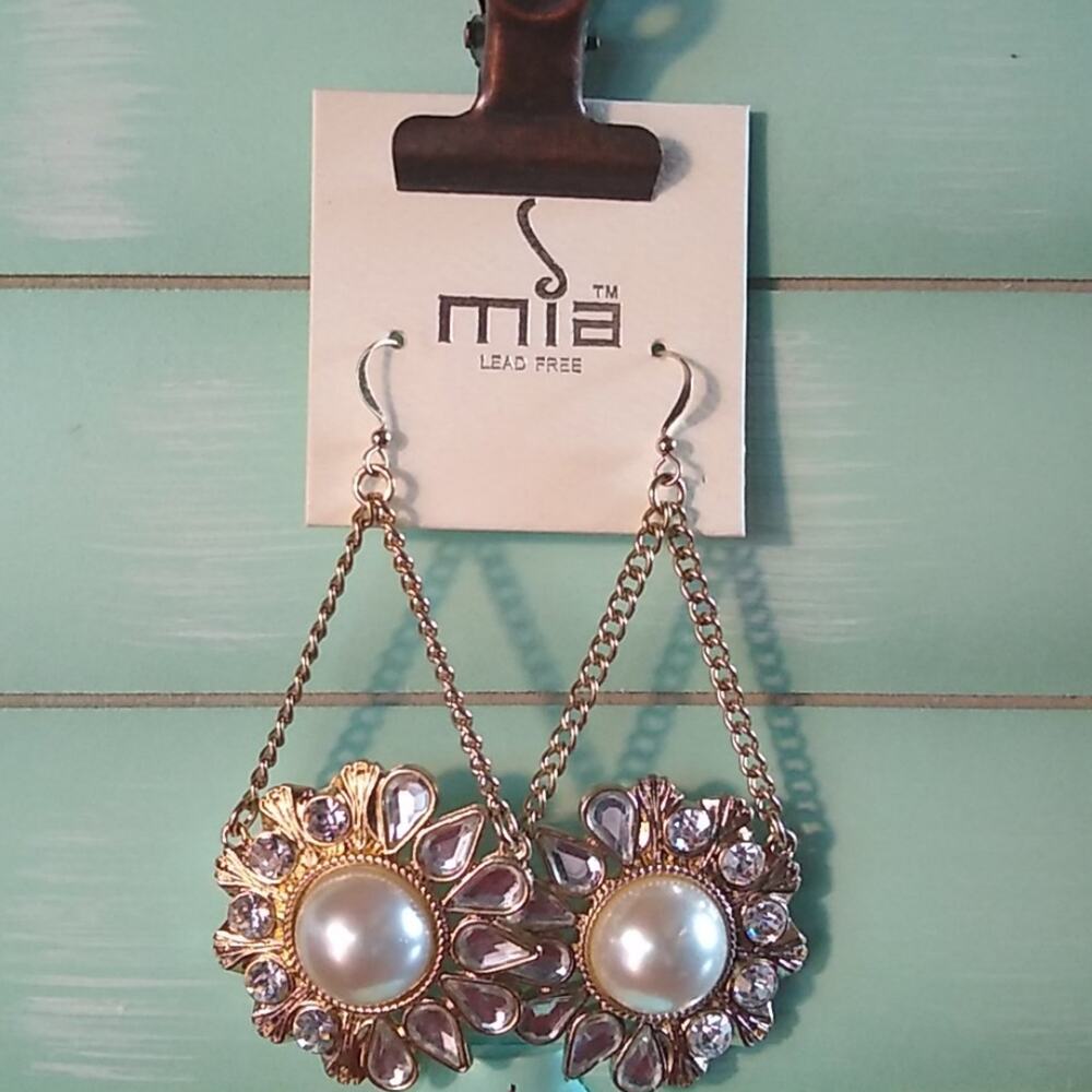 Mia Gold Tone Faux Pearl & Crystal Dangles